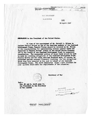 Memorandum from the Secretary of War to President Harry S. Truman