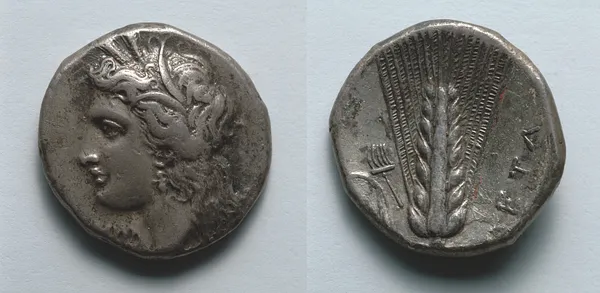 Stater: Head of Demeter (obverse); Barley (reverse)