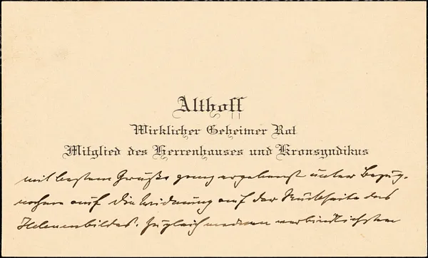 Althoff, Friedrich, 1839-1905. autograph printed card signed to Hugo Münsterberg, 31 July 1908