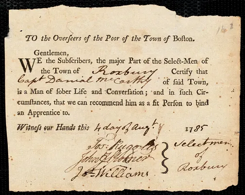 David Riley indentured to apprentice with Daniel McCarthy of Roxbury, 3 August 1785