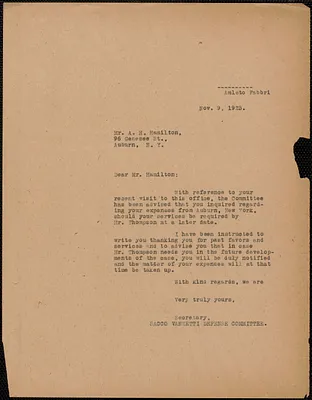 Sacco-Vanzetti Defense Committee typed letter (copy) to Albert H. Hamilton, Boston, Mass., November 9, 1925