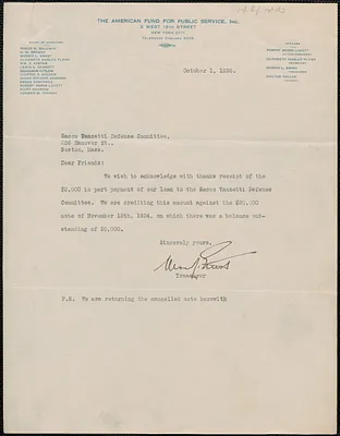 Morris L. Ernst (The American Fund for Public Service, Inc.) typed note signed to Sacco-Vanzetti Defense Committee, New York, N.Y., October 1, 1926