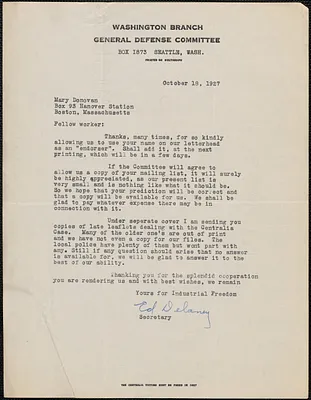 Ed Delany (General Defense Committee, Washington Branch) typed letter signed to Mary Donovan, Seattle, Wash., October 18, 1927