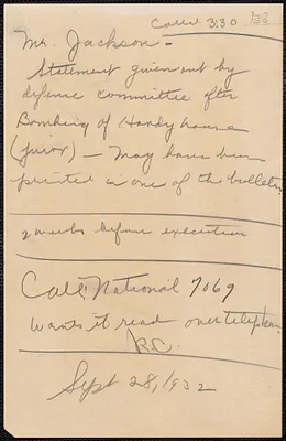 Autograph note signed to [Gardner] Jackson, [Boston, Mass.], September 28, 1932