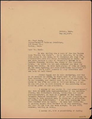 Sacco-Vanzetti Defense Committee typed letter (copy) to Fred E. Beal (Lawrence Sacco-Vanzetti Defense Committee), Boston, Mass., May 20, 1927
