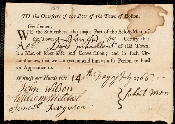 Katharine Murphy indentured to apprentice with Robert Loydd [Loyd] of Blandford, 7 July 1766