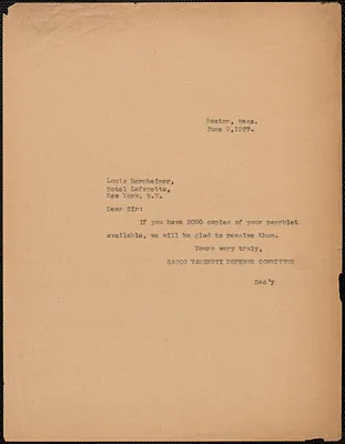 Sacco-Vanzetti Defense Committee typed note (copy) to Louis G. Bernheimer, Boston, Mass., June 9, 1927