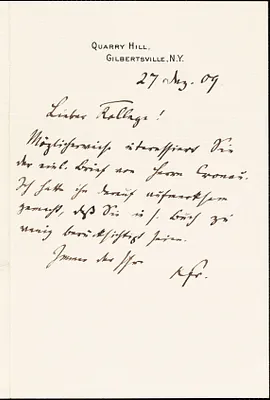 Francke, Kuno, 1855-1930 autograph letter signed to Hugo Münsterberg, Gilbertsville, N.Y., 27 December 1909