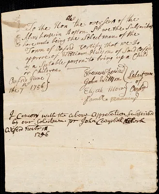 Elizabeth Noel indentured to apprentice with William Hudson of Oxford, 6 July 1757