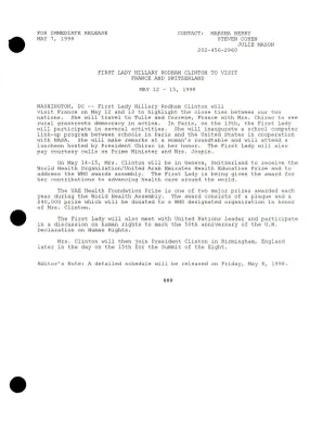 FLOTUS Foreign Trips [Binder]: [1998 Press Release & Schedule--France & Switzerland May 12-15]