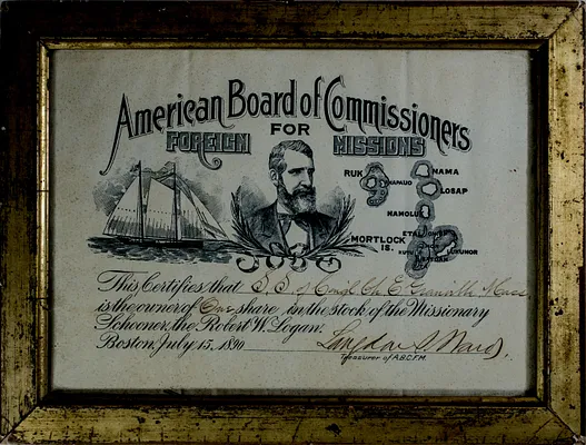 Missionary stock certificate, schooner Robert W. Logan