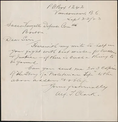 [Alfred?] T. Clark autograph letter signed to Sacco-Vanzetti Defense Committee, Vancouver, B. C., September 22, 1923