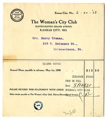 Annual Dues Statement from Women's City Club to Bess W. Truman