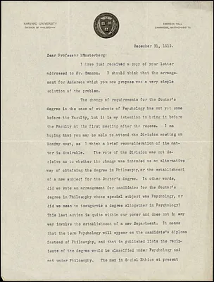 Perry, Ralph Barton, 1876-1957 typed letter signed to Hugo Münsterberg, Cambridge, Mass., 31 December 1912