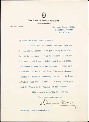 Bok, Edward William, 1863-1930 typed letter signed to Hugo Münsterberg, Philadelphia, 23 October 1911