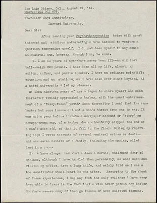 Deane, Hadley, fl. 1914 typed letter signed to Hugo Münsterberg, San Luis, Calif., 29 August 1914