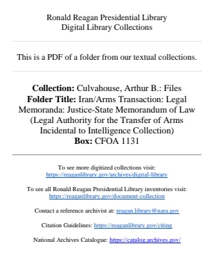 Iran/Arms Transaction: Legal Memoranda: Justice-State Memorandum of Law (Legal Authority for the Transfer of Arms Incidental to Intelligence Collection)