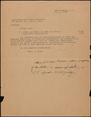 Thomas J. Lloyd typed note to Sacco-Vanzetti Defense Committee, Bloomingburg, N. Y., October 9, 1927