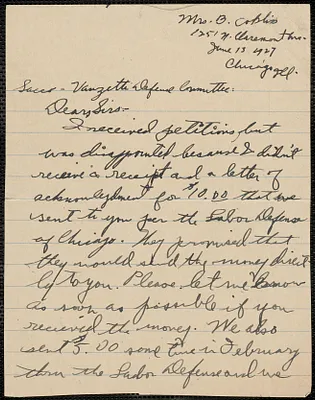 Mrs. B. Cobliss autograph note signed to Sacco-Vanzetti Defense Committee, Chicago, Ill., June 13, 1927