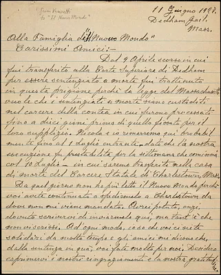 Bartolomeo Vanzetti autographed letter signed to "Il Nuovo Mundo", Dedham, 11 June 1927