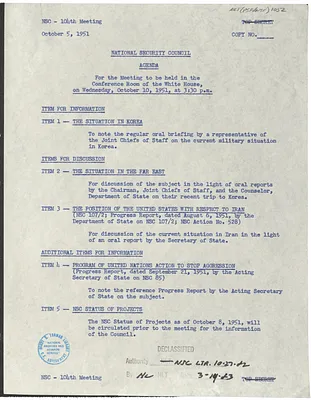 Agenda for the One Hundred and Fourth Meeting of the National Security Council