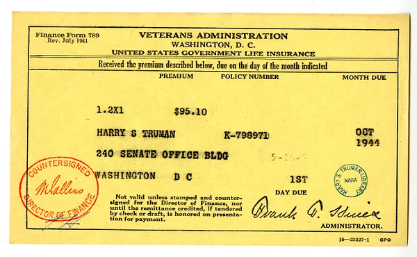 Insurance Premium Notice for Harry S. Truman, United States Veterans Administration