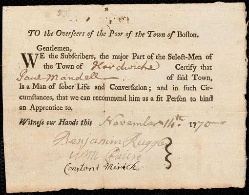 William Warren indentured to apprentice with Paul Mandell of Hardwick, 4 June 1773