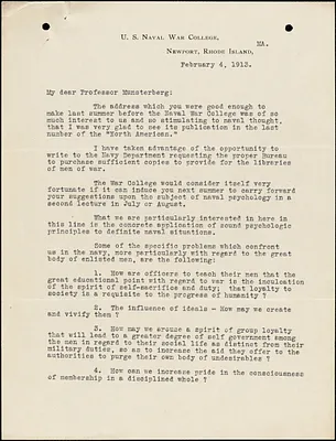 Rodgers, William Ledyard, 1860-1944 autograph letter signed to Hugo Münsterberg, Newport, R.I., 04 February 1913