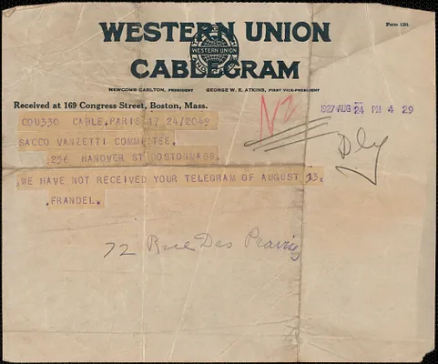 Frandel [Ferandel] telegram to Sacco-Vanzetti Defense Committee, Paris, France, August 24, 1927