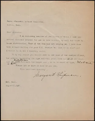 Margaret Shipman typed letter signed to Sacco-Vanzetti Defense Committee, Lee, Mass., August 17, 1927