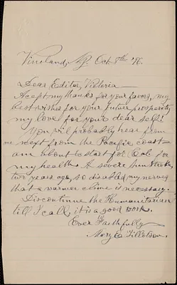 Mary E. Gillston autograph letter signed to Victoria [Woodhull Martin], Vineland, N.J., October 8, 1896