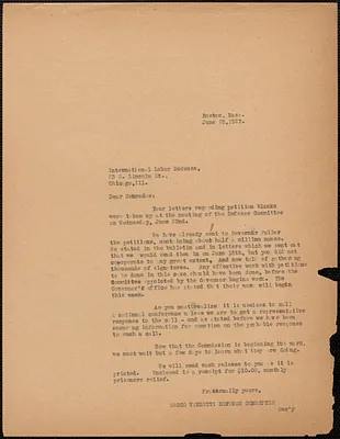 Sacco-Vanzetti Defense Committee typed letter (copy) to International Labor Defense, Boston, Mass., June 25, 1927
