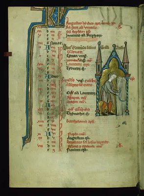 Leaf from Psalter: August Calendar, Man Using a Sickle to Reap Crops