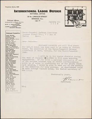 James P. Cannon (International Labor Defense) typed letter signed to Sacco-Vanzetti Defense Committee, Chicago, Ill., January 5, 1927