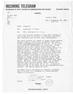 Telegram from Cavendish Cannon to Secrertary of State Dean Acheson