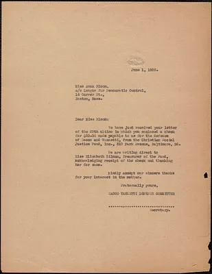 Sacco-Vanzetti Defense Committee typed letter (copy) to Anna Bloom, Boston, Mass., June 1, 1925