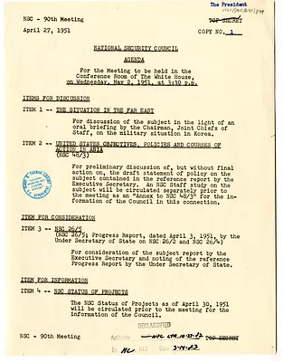Agenda for the Ninetieth Meeting of the National Security Council