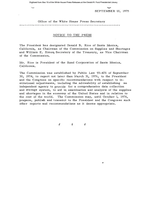 President has designated Donald B. Rice as Chairman of the Commission on Supplies and Shortages [Position Appointments and Resignations]