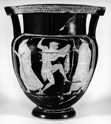Column Krater Depicting Symposiasts and a Satyr Dancing with Youths