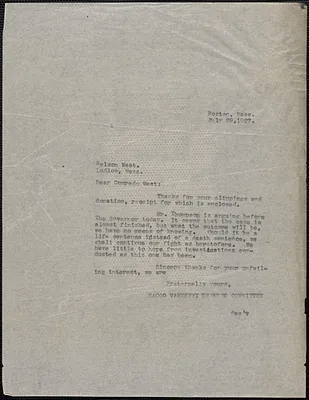 Sacco-Vanzetti Defense Committee typed note (copy) to Nelson West, Boston, Mass., July 29, 1927