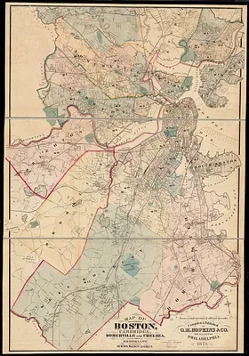Map of the cities of Boston, Cambridge, Somerville and Chelsea, and the town of Brookline with parts of Newton, Malden and Everett