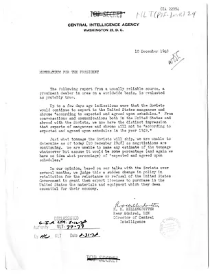 Memorandum from Rear Admiral R. H. Hillenkoetter to President Harry S. Truman