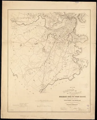 Plan of Boston and its vicinity, showing the drainage area of Stony Brook which empties into the full basin of the Back Bay