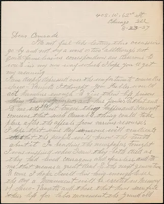 Thomas R. Salusbury autograph letter signed to Sacco-Vanzetti Defense Committee, Chicago, Ill., August 23, 1927
