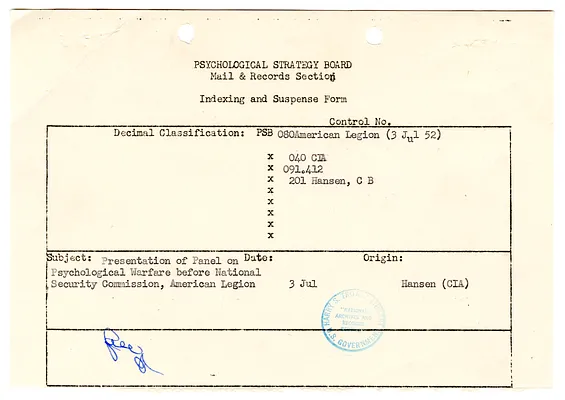 Indexing and Suspense Form re Letter from Col. Chester B. Hansen to Tracy Barnes, with Attachment
