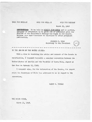 White House Press Release, Message from President Harry S. Truman to the United States Senate