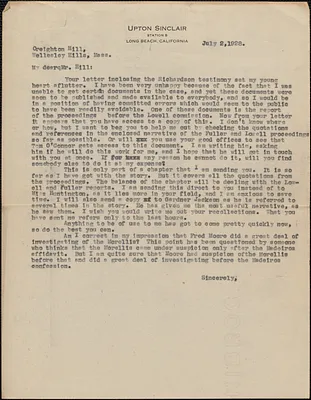 Upton Sinclair typed letter (copy) to Creighton [J.] Hill, Long Beach, Calif., July 2, 1928