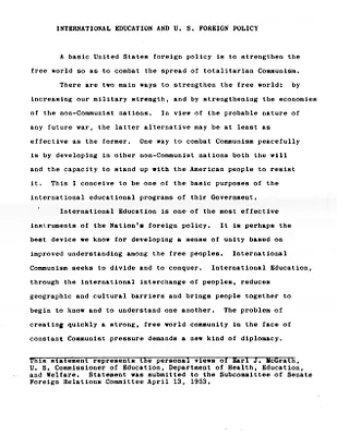 Statement by Commissioner of Education Earl McGrath, International Education and U.S. Foreign Policy, Submitted to the Subcommittee of the Senate Foreign Relations Committee