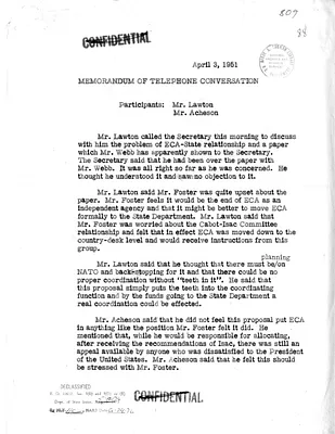 Memorandum of Telephone Conversation with Secretary of State Dean Acheson and Director of the Bureau of the Budget Frederick J. Lawton
