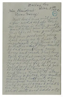 Letter from Grace Summer to Harry S. Truman